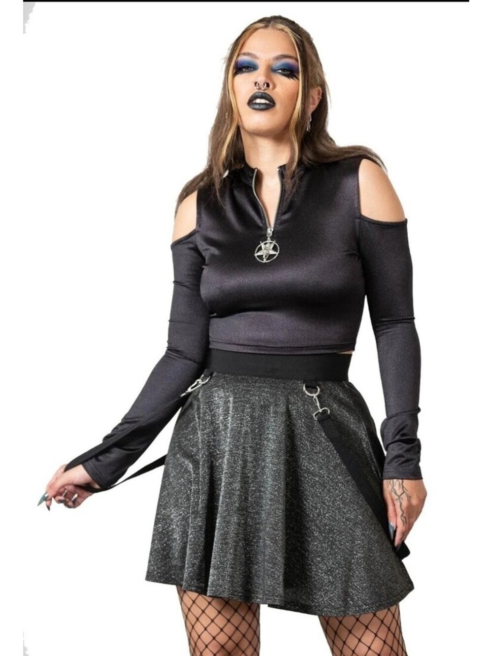 Killstar Knavery Top Cold Shoulder Shirt Goth Baphomet Zip Pendant Women's Sz XS